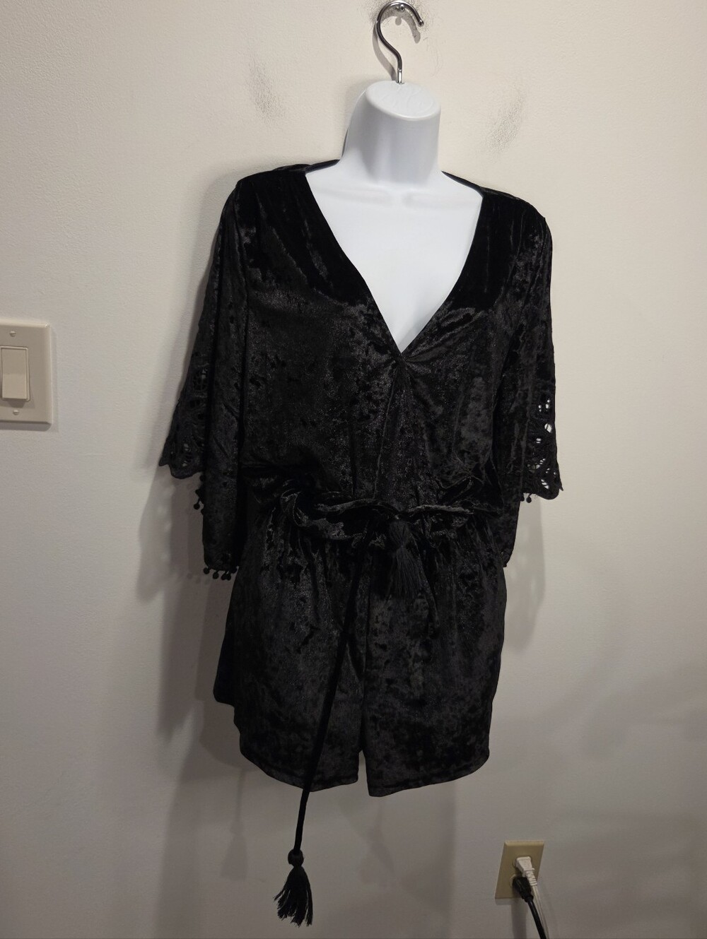 By Together Size S Whimsigoth Boho Flared Sleeve Black Crushed Velvet Romper
